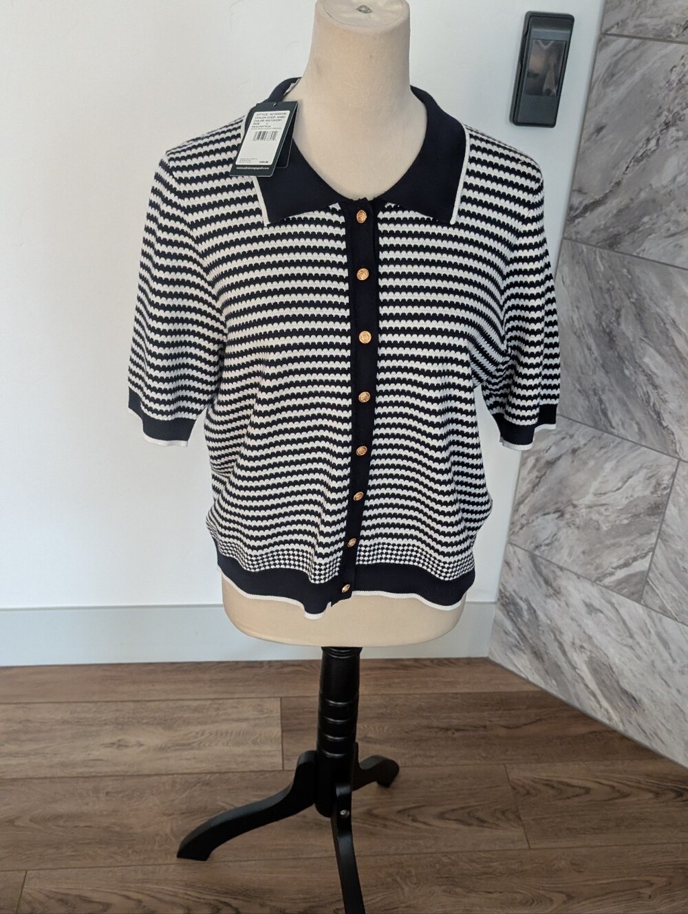 Adrianna Papell Navy and Ivory Striped Short Sleeve Cardigan - Picture 5 of 11
